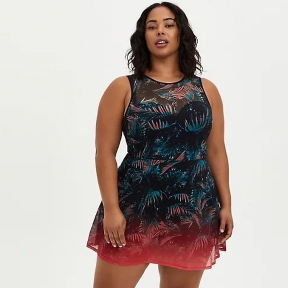 Torrid Swimdress Womens 3 DD/F Black Underwire Long Mesh Overlay Palm Tropical
